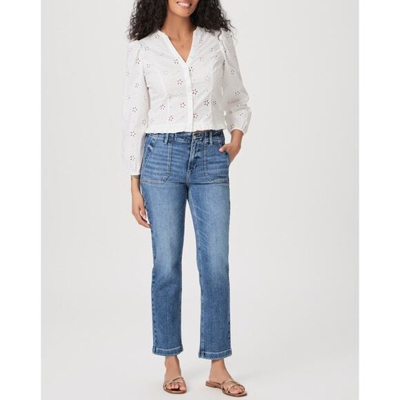 Paige Mayslie Straight Ankle Jeans Women 27 Mid Rise Utility Pockets Medium Wash - Picture 1 of 16